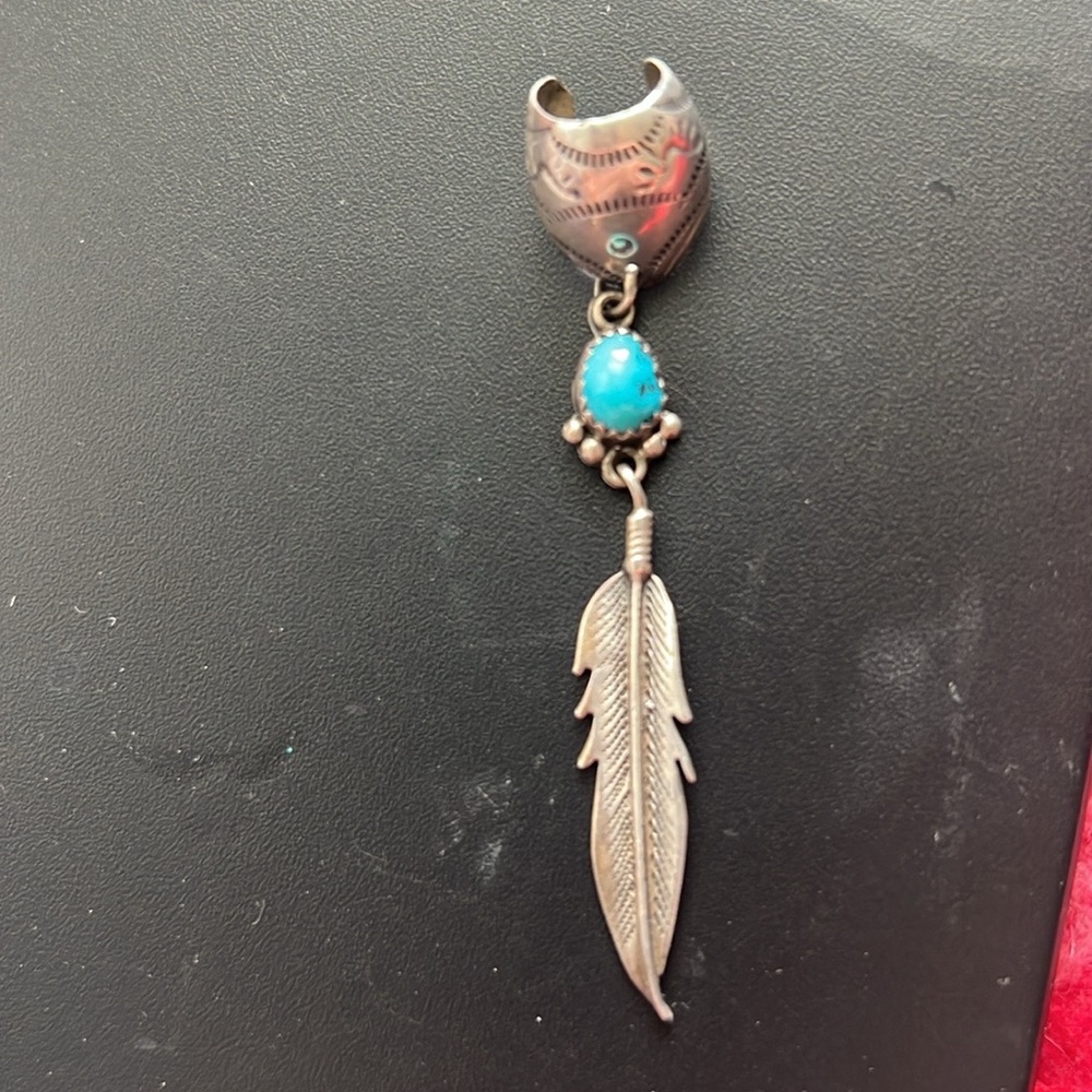 Native American Sterling Silver Cuff, Feather Earring (1) with Turquoise Stone